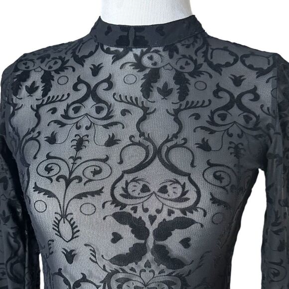 Forever 21 Black Goth Punk Floral Mesh Long Sleeved Bodysuit Shirt Top - Picture 3 of 6